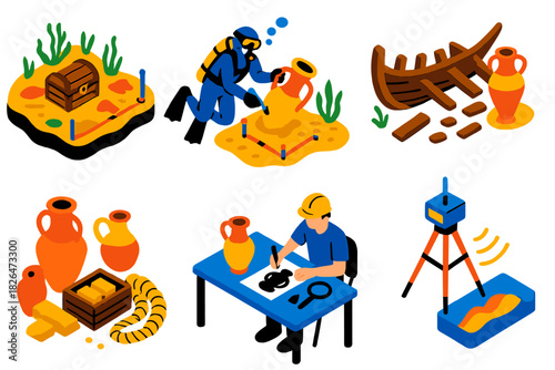 Nautical Archaeology Icons. Isometric vector illustration set Nautical archaeology: underwater excavation site, diving