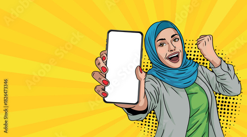 A beautiful Muslim woman wearing a hijab, smiling with a phone, pop art style, comic book style.