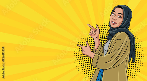 A beautiful Muslim woman wearing a hijab advertises in pop art style. Comic-style pop art.