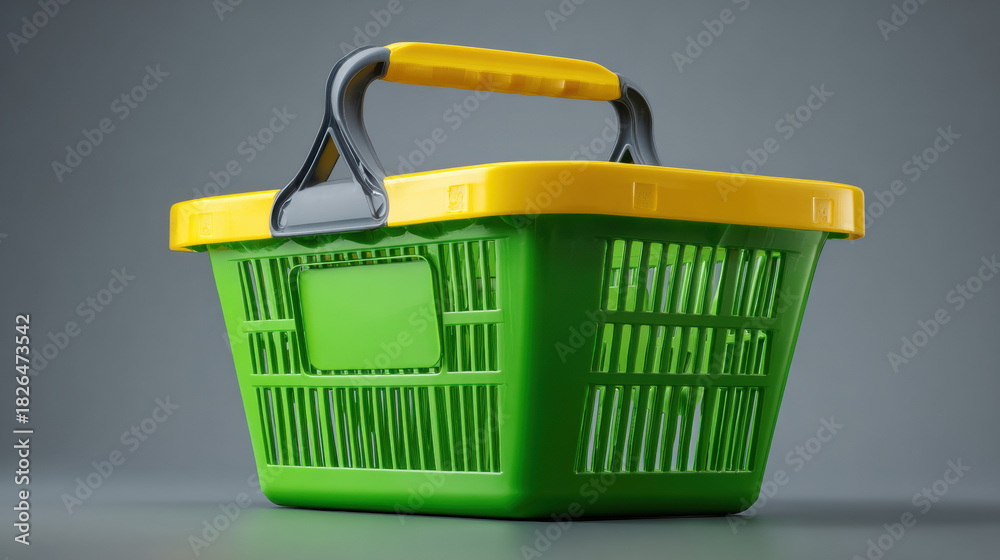 Fototapeta premium Green and yellow shopping basket on a gray background. colorful shopping basket is perfect for grocery shopping or carrying items at the store.