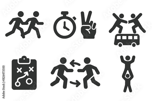 Teamwork and Coordination Icons. Solid style icons of coordination and teamwork: two runners jumping in sync, timing move badge,
