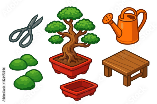 Bonsai Essentials Collection. Isometric vector illustration set Bonsai Collection: miniature pine tree, ceramic pot, pruning