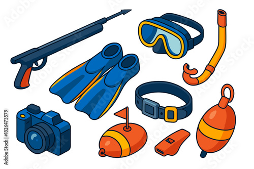 Diving Gear Icons. Isometric vector illustration set Fishing equipment – spear gun, dive mask, snorkel tube; fins, weight belt,