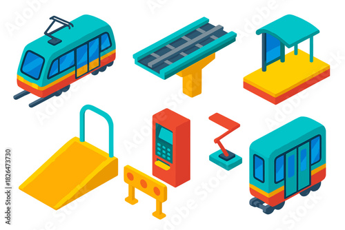 Public Transport Icons. Isometric vector illustration set Public transportation – light rail vehicle, elevated track, station