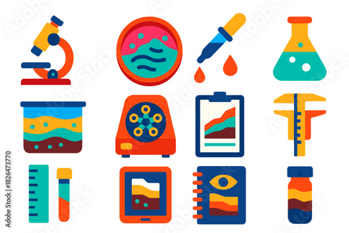 Geoarchaeology Lab Tools Icons. Flat vector icons of laboratory tools for geoarchaeology: microscope, petri dish, pipette, lab