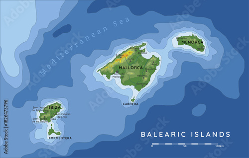 Balearic Islands map – vector illustration with topography and major cities