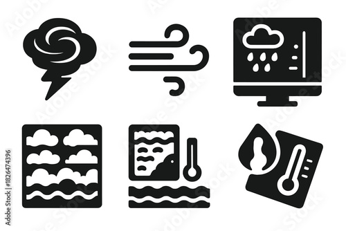 Weather Simulation Icons. Solid style icons of weather and climate simulations: storm system icon, wind flow badge, rainfall