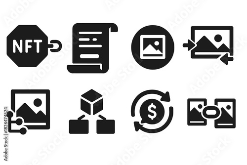Blockchain Art Icons. Solid style icons of blockchain-based art trading: NFT chain icon, digital ledger scroll, crypto art token.
