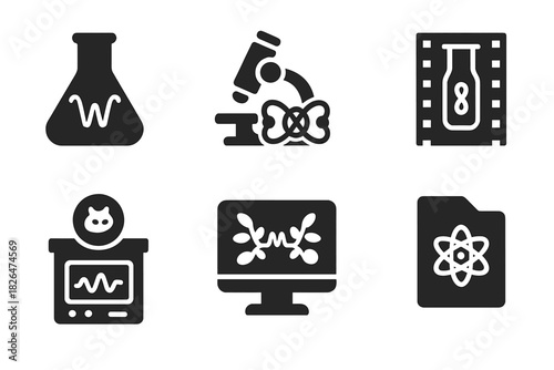 Quantum Bio-Lab Icons. Solid style icons of experimental quantum bio-labs: lab flask with quantum wave, microscope with entangled