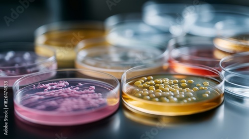A close-up of multiple petri dishes arranged in a grid, each containing different colored bacteria cultures growing in distinct circular formations — microbial diversity, scientific