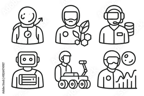 Terraforming Mission Icons. Line style icons of terraforming mission roles: planetary engineer icon, bio-designer badge, resource