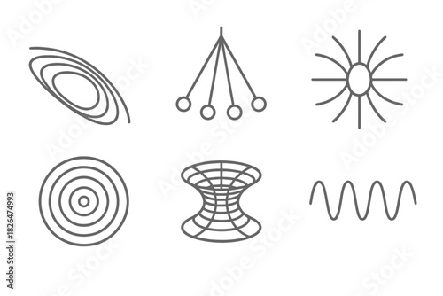 Physics Algorithm Icons. Line style icons of physics-based algorithm art: gravity curve paths, pendulum wave lines, magnetic field