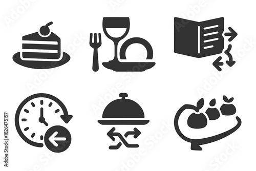 Reversed Meal Icons. Solid style icons of reversed meal sequences: dessert first icon, drink before dish layout, starter at end