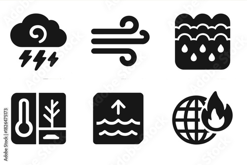 Weather Simulation Icons. Solid style icons of weather and climate simulations: storm system icon, wind flow badge, rainfall