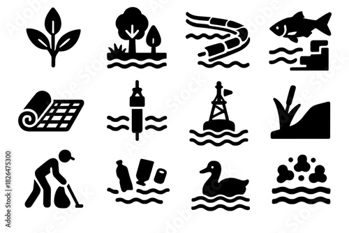 River Ecosystem Icons. Solid style icons of River ecosystem restoration: native plant, riparian zone, floating booms, fish ladder,