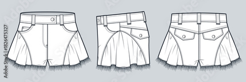 Ruffled Denim Shorts with raw hem Technical Fashion Illustration. Skirt Style Shorts fashion flat technical drawing template, front, side and back view, white, women CAD mockup.