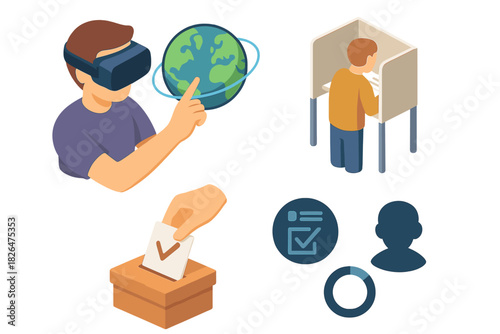 Virtual Voting Simulation. Isometric vector illustration set Voting and elections – civics education VR: VR headset, interactive