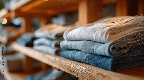 Clothing Display of Folded Jeans and Shirts in Cozy Retail
