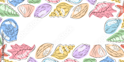 Colorful seashell arranged in a decorative border on a white background in flat style. Tropical marine design for summer or beach themed artwork.