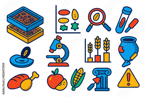 Archaeobotany Tools & Icons. Isometric vector illustration set Archaeobotany analysis: excavation trays with ancient plant samples