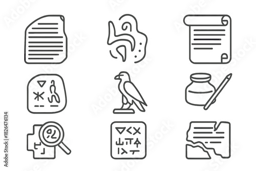 Ancient Language Symbols. Line style icons of Script Decoding: Rosetta Stone, Undeciphered Script, Linguistic Puzzle, Cultural