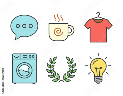 Daily life symbols representing communication, ideas, and chores