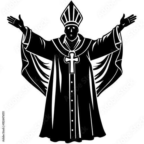 Pope Silhouette Blessing with Outstretched Arms – Vector Illustration
