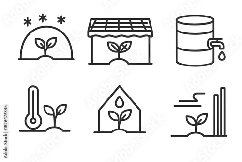 Micro-Climate Gardening Icons. Line style icons of micro-climate gardening: frost blanket, shade netting, rain barrel icon, soil