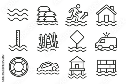 Coastal Flooding Icons. Line style icons of Coastal Flooding: Water Waves, Sandbags, Evacuation Route, Flooded House; Tide Marker,