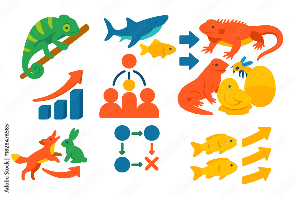 Obraz premium Evolutionary Pathway Icons. Isometric vector illustration set Apparent purposefulness in organisms: adaptations and functional