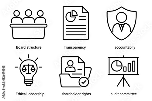 Governance Icons Set. Line style icons of governance practices: board structure icon, transparency report, executive