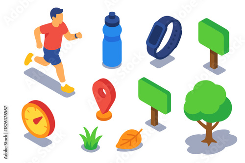 Park Activity Icons. Isometric vector illustration set Park activities – jogging runner, water bottle, fitness tracker; path