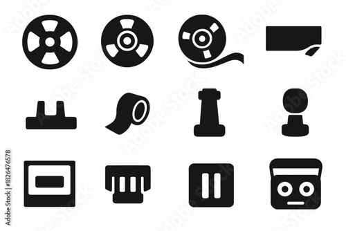 Tape Icons Collection. Solid style icons of Tape Technology: Open Reel, Tape Hub, Tape Spool, Leader Strip, Tape Edit Block,