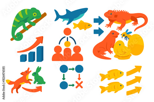 Evolutionary Pathway Icons. Isometric vector illustration set Apparent purposefulness in organisms: adaptations and functional