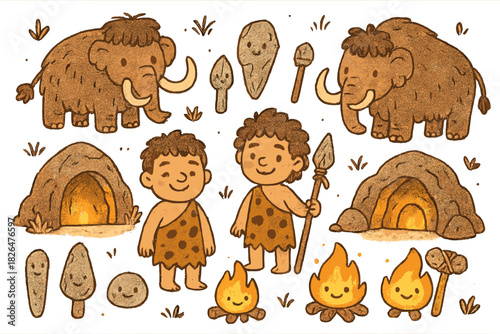 Prehistoric Camp Cartoon. Magical doodle prehistoric camp with cavemen smiling, friendly mammoths, cheerful fires, stone tools
