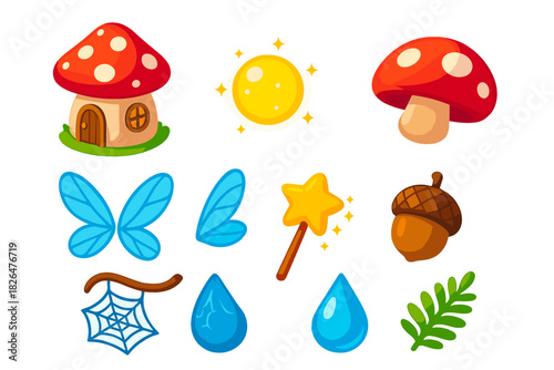 Mythical Forest Icons. Isometric vector illustration set Mythology and folklore – toadstool house, fairy light orb, mushroom cap;