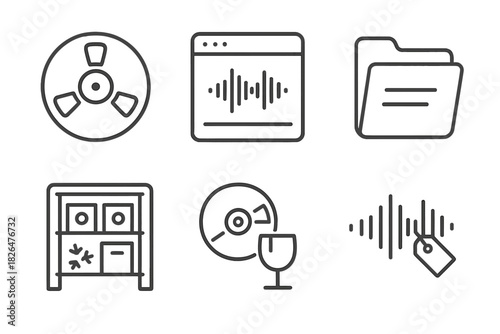 Audio Archive Icons. Line style icons of Audio Preservation and Archives: magnetic tape reel, digital waveform archive, cataloging