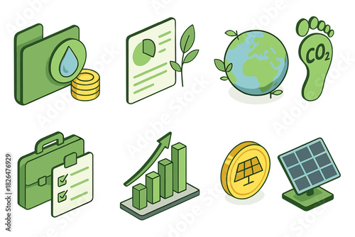 Ethical Investing Icons. Isometric vector illustration set of Ethical investing: water conservation fund, climate disclosure