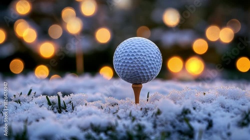 A golf ball on a tee, surrounded by snow and glowing bokeh lights.