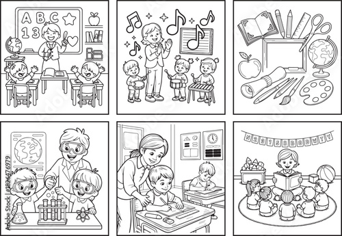 Cute teacher and students preschool classroom activities coloring page bundle for kids, black line art vector illustration doodle set