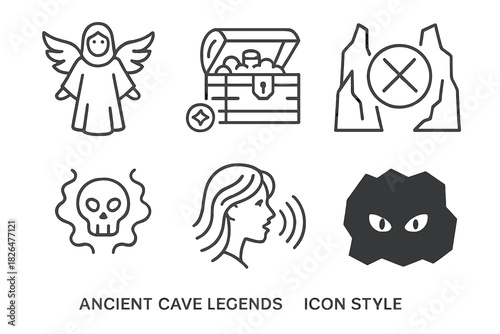 Ancient Cave Icons. Line style icons of ancient cave legends: guardian spirit icon, hidden treasure chest, forbidden zone marker,