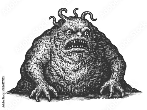 scary creature with claws and sharp teeth, resembling a goblin or fantasy beast in horror folklore sketch engraving generative ai vector illustration. Scratch board imitation. Black and white image.