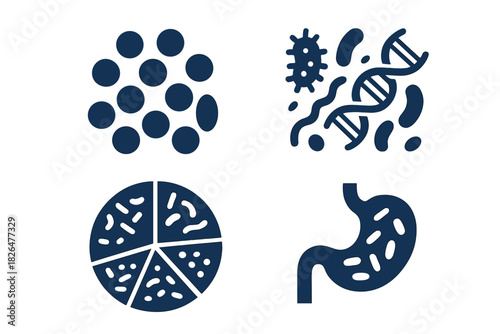 Gut Microbiome Icons. Solid style icons of gut microbiome diversity: bacterial cluster, different microbe shapes, DNA swirl. Flora