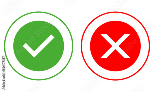 Green check mark icon symbolizing approval, confirmation, success and correctness for apps, interfaces, social media buttons and digital design  and Red cross mark icon representing error, cancel