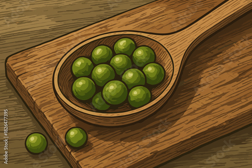 Fresh Peas on Spoon. Close-up of a wooden vector illustration spoon filled with fresh peas resting on a rustic cutting board,