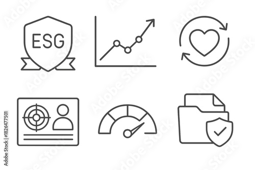 ESG Iconography Collection. Line style icons of ESG branding and reputation: ESG brand badge, reputation risk chart, value
