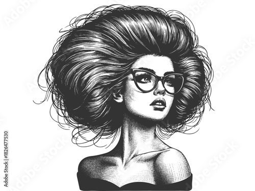 fashionable woman with retro hairstyle, bold glasses, confident expression on white background sketch engraving generative ai fictional character vector illustration. Scratch board. Black and white.