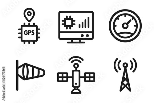 High-Altitude Balloon Icons. Line style icons of High-Altitude Ballooning: GPS module, onboard computer, altimeter display, wind