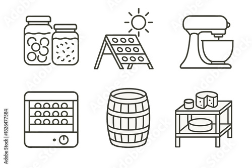 Local Food Processing Icons. Line style icons of local processing: hand-canning jars, solar drying rack, small-batch mixer, food