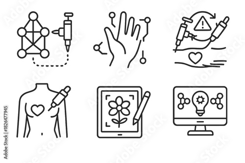 AI Tattoo Training Icons. Line style icons of AI training for tattoo bots: machine learning tattoo set, hand motion dataset, error